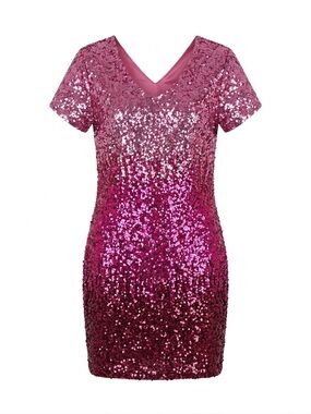 MANER Fushia Ombre Sequin V-Neck Cocktail Dress - Size XXL